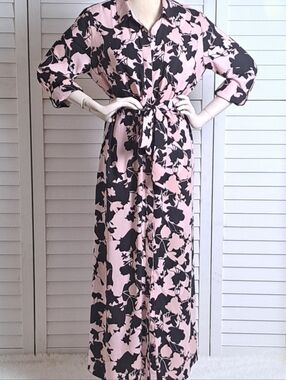 I.N.C. Pink Black Floral Button Front Maxi Shirt Dress XL